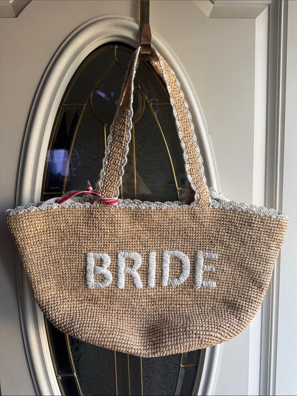 BTB Los Angeles Natural Straw Bride Tote Bag with White Lettering